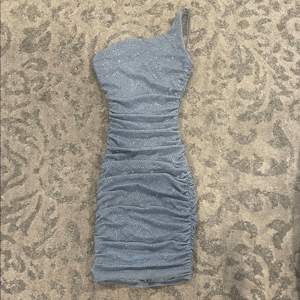 Elegant One-Shoulder Glitter Blue Dress